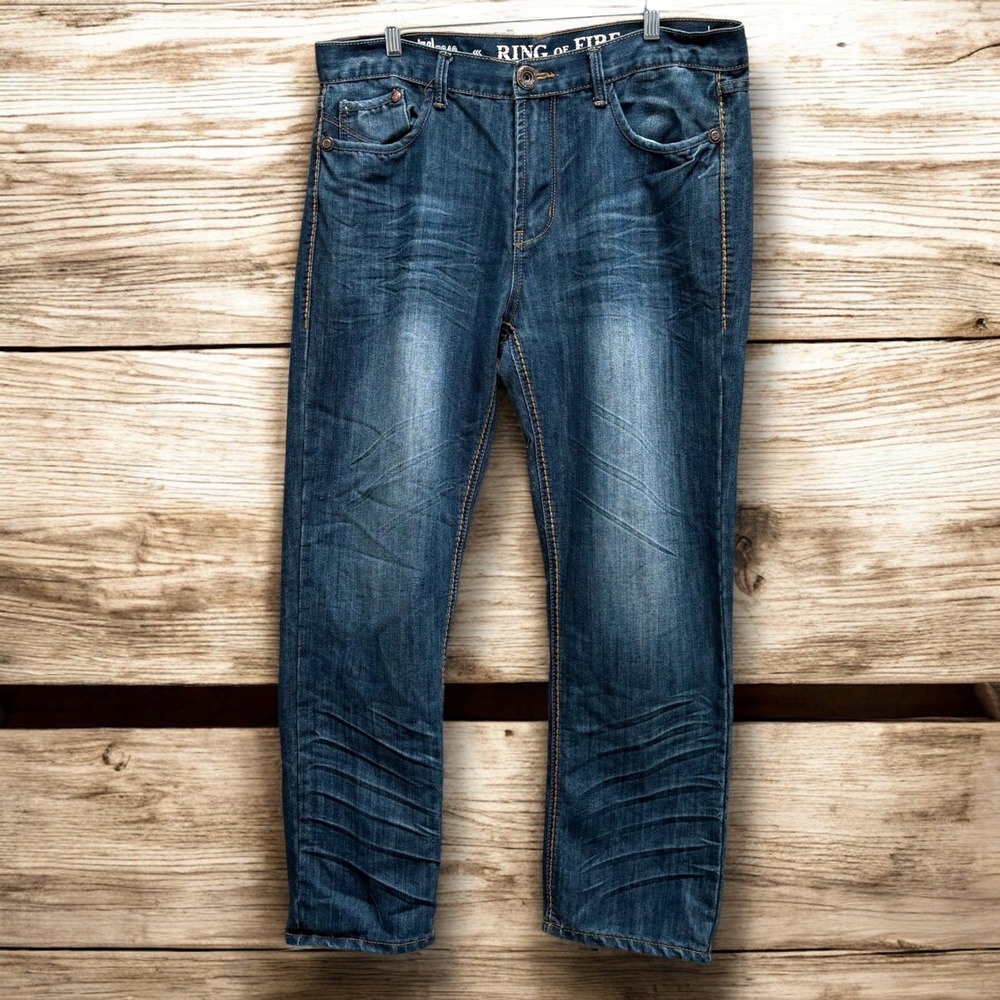 Men's Dark Distressed Wash Ring of Fire Slim Straight Jeans‎ 36x30